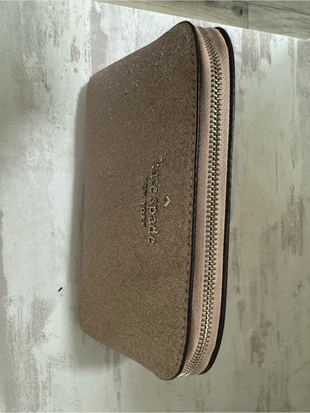 kate spade glitter zip cosmetic pouch in rose gold